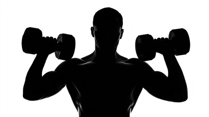 Silhouette of a muscular figure lifting dumbbells against bright white background