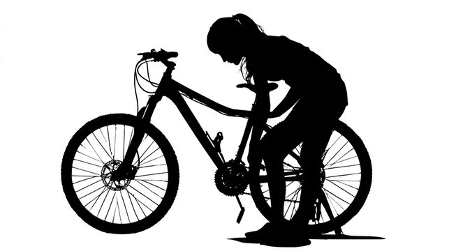 Silhouette of a person inspecting a mountain bike on a stark white background