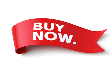 Buy now red marketing ribbon curled banner with bold white text isolated on white background, limited time ecommerce campaign message for product promotion, online store urgency call to action, sale a