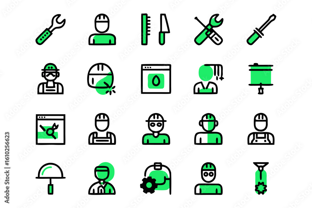 Poster comprehensive collection of professional line art icons representing various repair and maintenance 