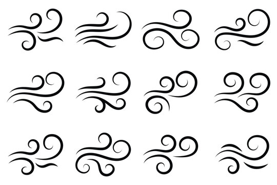 A dynamic icon of thin swirling lines denoting fast air flow. Stylized curved lines showing the graceful motion of air currents. Elegant curls forming a symbolic representation of moving wind.