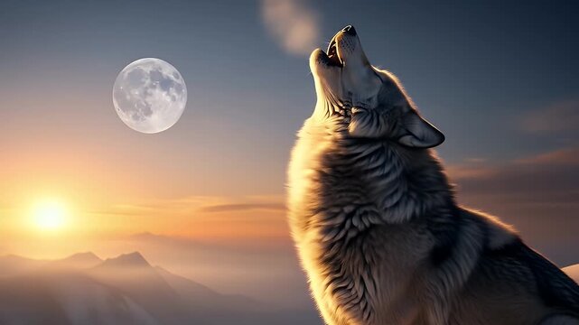Majestic wolf howling at sunrise over snowy mountain peaks