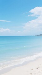 Serene Beach with Crystal-Clear Waters and Sandy Shore under a Bright Blue Sky