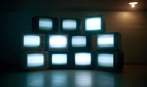 A stack of glowing, blank TV screens in the dark room. The glow from each screen illuminates its surroundings and casts subtle shadows on the wall behind it
