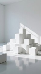 A pyramid of white cubes arranged in a minimalist room with natural light casting shadows.