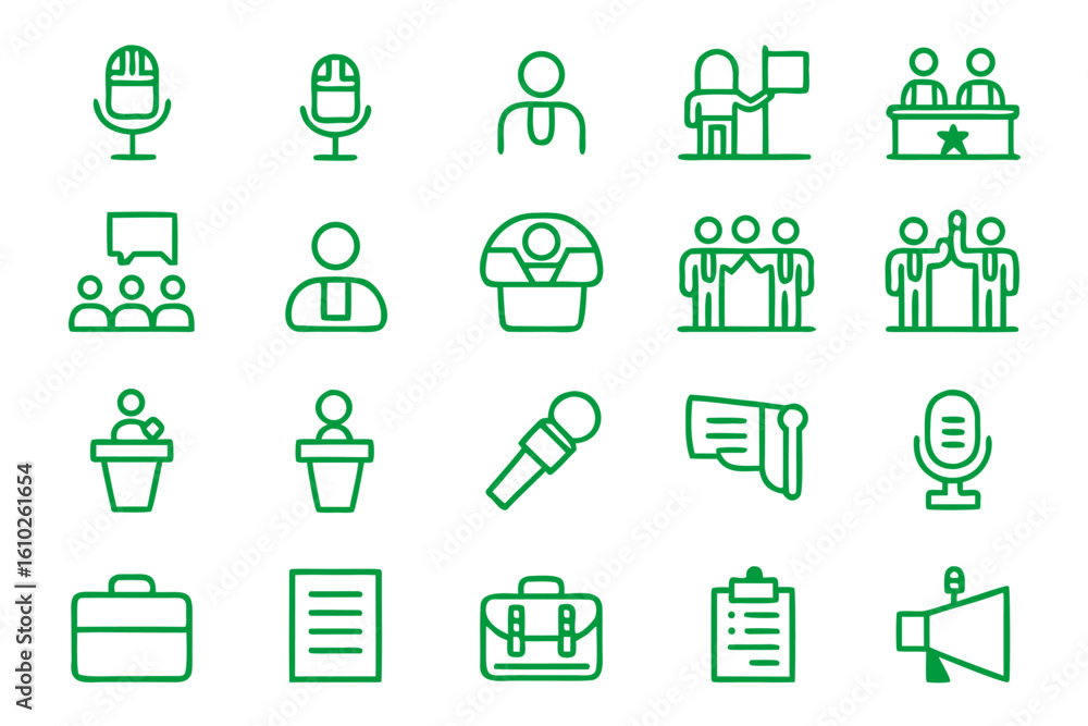 Poster comprehensive collection of clean modern line art symbols representing various aspects of seminars a