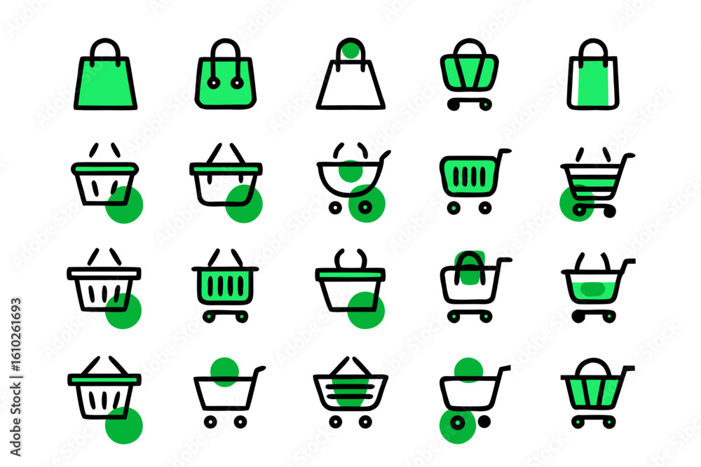 Poster clean line art shopping cart collection featuring various essential commerce and retail symbols for 