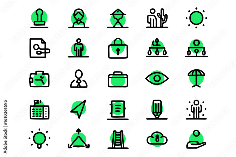 Poster collection of clean line art icons representing various business operations and settings perfect for