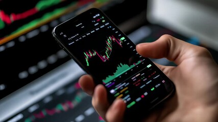 A hand holding a smartphone displaying stock market data and graphs. - Powered by Adobe