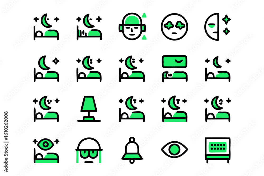Poster clean line art icons representing sleep and restful activities presented in a cohesive set for digit