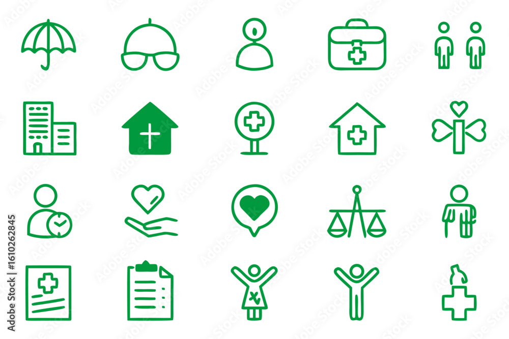 Poster collection of modern line art symbols representing social and policy concepts ideal for digital pres
