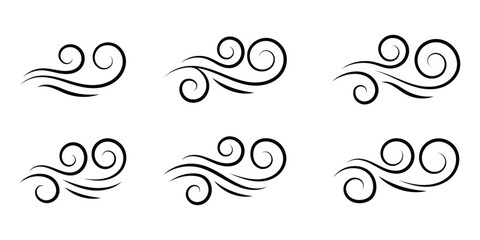 Doodle wind line sketch set. Hand drawn doodle wind motion, air blow, swirl elements. Sketch drawn air blow motion, smoke flow art, abstract line. Vector illustration.