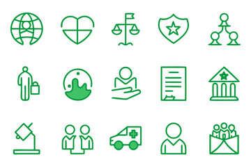 Comprehensive collection of clean modern line art symbols representing various social policy concepts and governmental affairs for digital and print applications