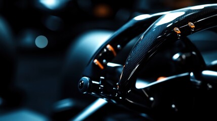 Obraz premium Close-up of a sleek carbon fiber steering wheel in a modern high-performance racing car interior