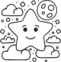 Cute Smiling Star with Clouds Black and White Coloring Page for Kids  AI Generated