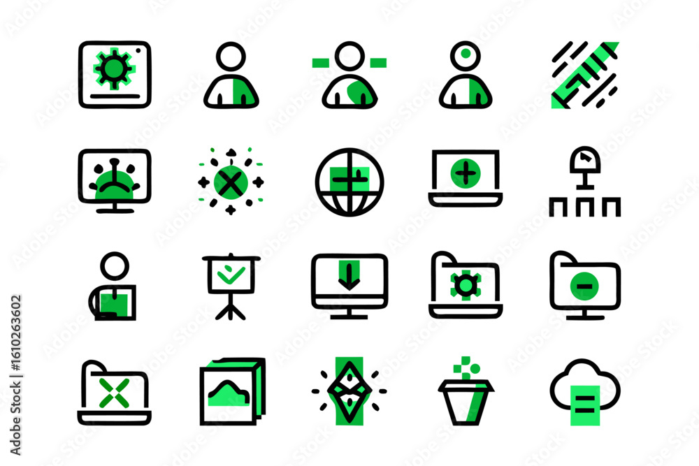 Poster comprehensive collection of clean modern line art symbols representing various aspects of software d