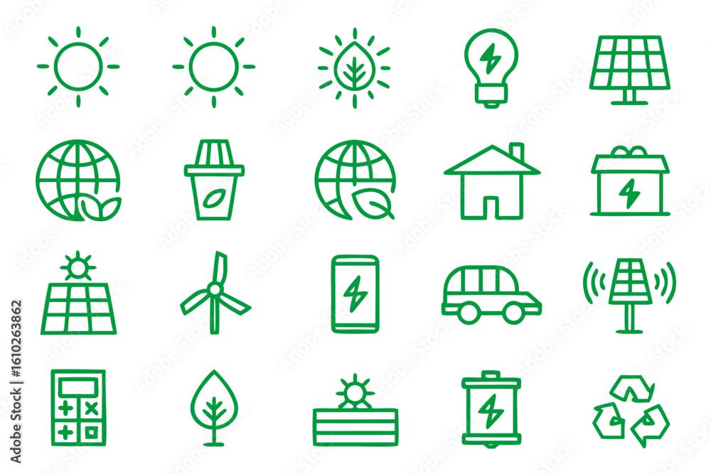 Poster clean line art collection representing renewable solar power generation technologies and sustainable