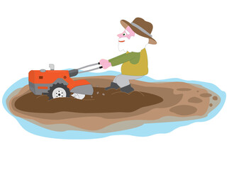 高齢者の農夫が水田を耕しているイラスト。