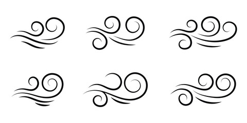 Wind icon set, wind blow line icon. Blowing wind outline icons. Windy weather symbol. Doodle line wind moving set. Breath of the typhoon.