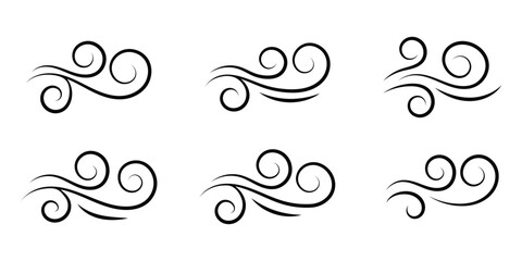 Wind icon set, wind blow line icon. Blowing wind outline icons. Windy weather symbol. Doodle line wind moving set. Breath of the typhoon.