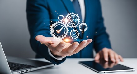 Conceptual presentation of business process automation with gears on open palm showing efficiency and technology integration in a modern office setting