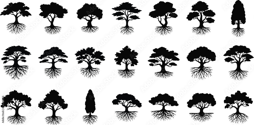 Poster vector art of a collection of various tree silhouettes, perfect for adding natural elements to desig