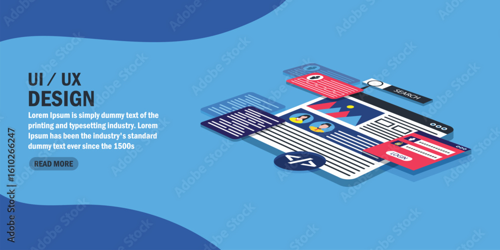 Poster ui ux design advanced tips isometric landing page. user experience, adaptive interface mobile phone 