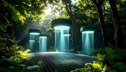 Futuristic Platforms in Jungle with Glowing Light Beams