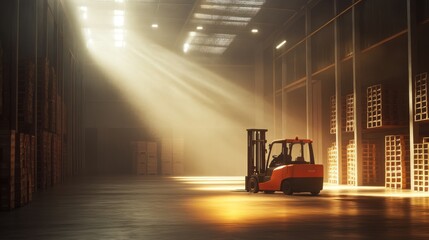 Fast-moving forklift in large industrial warehouse with bright lights and motion blur effect, showcasing speed, heavy equipment operation, and modern logistics in a distribution storage facility