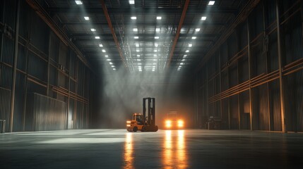 Fast-moving forklift in large industrial warehouse with bright lights and motion blur effect, showcasing speed, heavy equipment operation, and modern logistics in a distribution storage facility