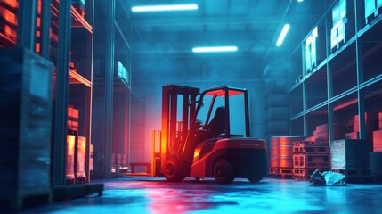 Fast-moving forklift in large industrial warehouse with bright lights and motion blur effect, showcasing speed, heavy equipment operation, and modern logistics in a distribution storage facility