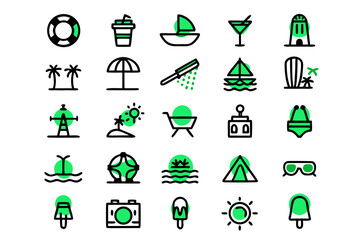 Collection of summer vacation themed graphic symbols for travel and leisure activities featuring beach and holiday elements