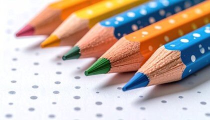 Vivid colored pencils aligned creatively against a polka dot backdrop, artistry