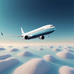 Obraz premium Commercial airplane flying above fluffy white clouds in blue sky