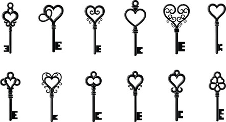 Vector art of a collection of heartshaped antique keys provides a romantic feel