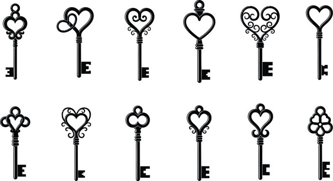 Vector art of a collection of heartshaped antique keys provides a romantic feel