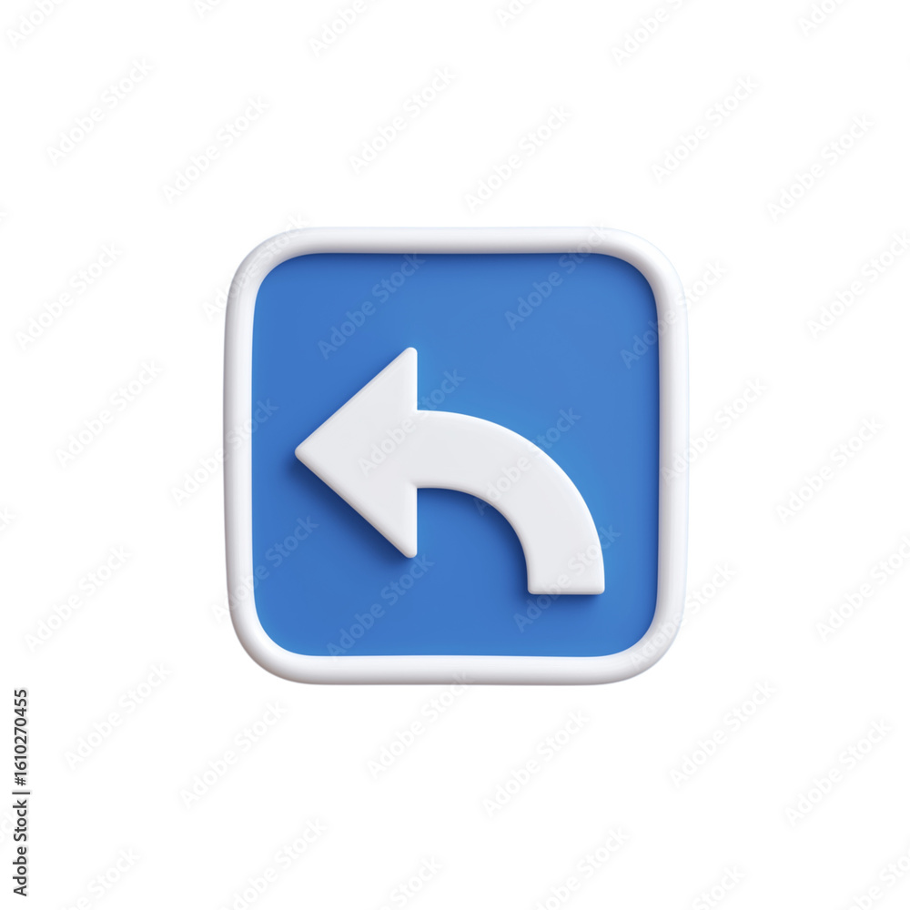 Poster white curved arrow pointing left inside a blue square icon isolated on transparent background