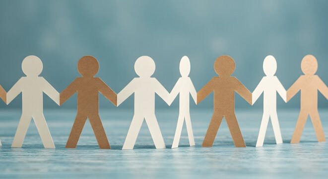 Human Chain: Diverse Paper Cutouts Holding Hands Against a Blue Background
 - Powered by Adobe