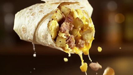 Torn Breakfast Burrito Displaying Scrambled Eggs Potatoes And Diced Ham Inside Tortilla Against Blurred Brown Backdrop With Bokeh Lights