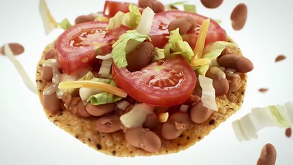Tostada Mid Burst with Beans Lettuce and Tomato Shredded Cheese and a Light Sauce on White Background