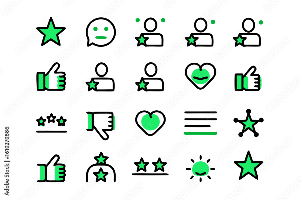 Aufkleber collection of stylized testimonial and customer feedback symbols with clean outlines and vibrant col