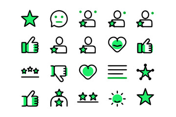 Collection of stylized testimonial and customer feedback symbols with clean outlines and vibrant color accents for user interface and web design applications