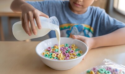 An Asian 12 years old boy wearing a cute t-shirt with is pouring milk from a plastic gallon jug into a white bowl filled with colorful Froot Loops cereal
