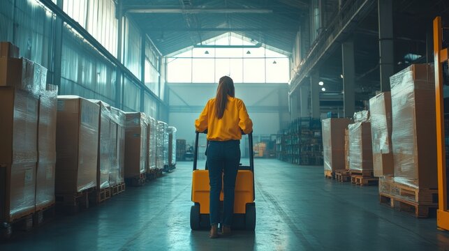 Female warehouse worker operating hand forklift truck in a modern industrial storage facility, moving cardboard boxes and managing logistics for shipping, delivery, and inventory distribution