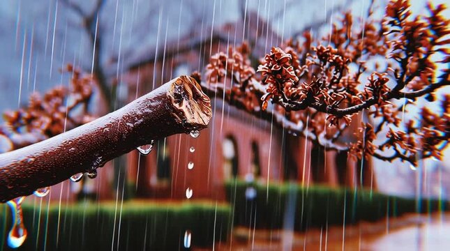 cinematic weather moments in urban nature,
close-up raindrop photography for emotional themes,
peaceful rainy day scenes for mindfulness visuals,"Raindrops on tree branch, tree branch with rain, tree 