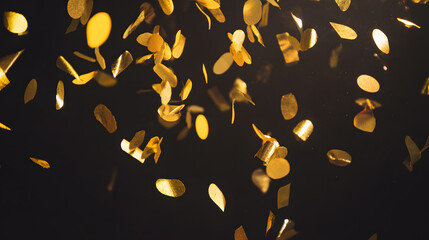 Golden confetti floating in midair against a dark backdrop, capturing a festive and lively moment.