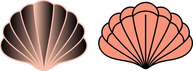 Two stylized seashells gradient brown and coral pink outline, minimalist design, summer beach theme.