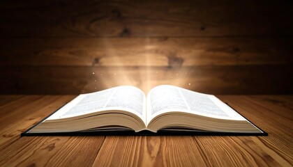 Open book glowing with light on wooden table