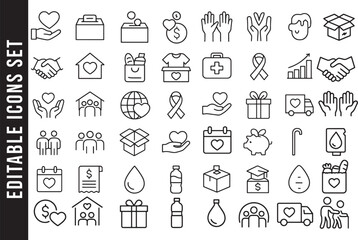 Editable Outline Icon Set for Charity, Donation, and Volunteering