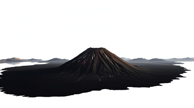 Examines stark juxtaposition of a lone volcano against a blank white backdrop, symbolizing powerful essence of nature amidst nothingness